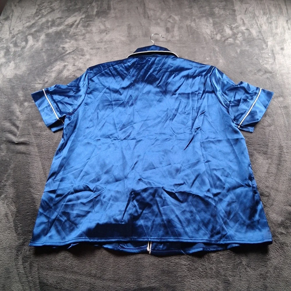 NWT Cupshe Pajama Set Women Medium Blue Satin Short Sleeve Top Long Pants Piping